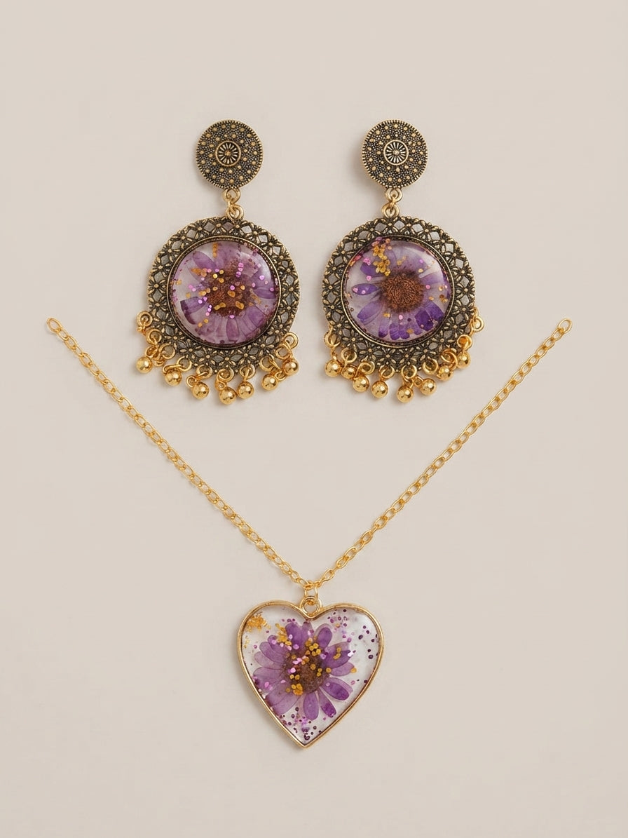 Violet and Antique Gold Resin Pendant and Earring Set - Crafted by Chitra