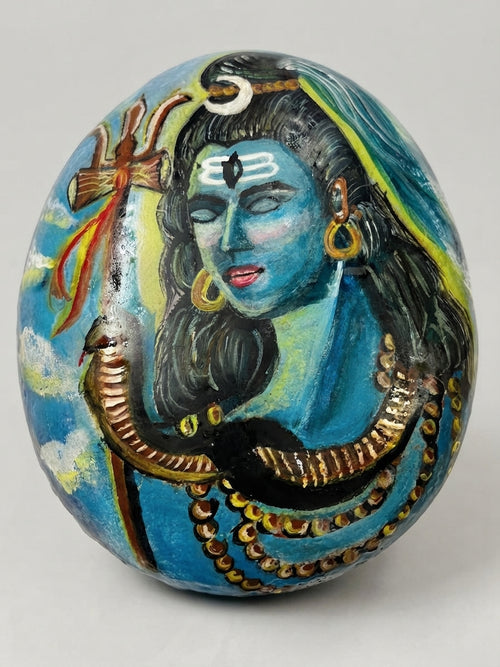 Shiva - Blue and Gold Hand-Painted Portrait Stone - Crafted by Chitra