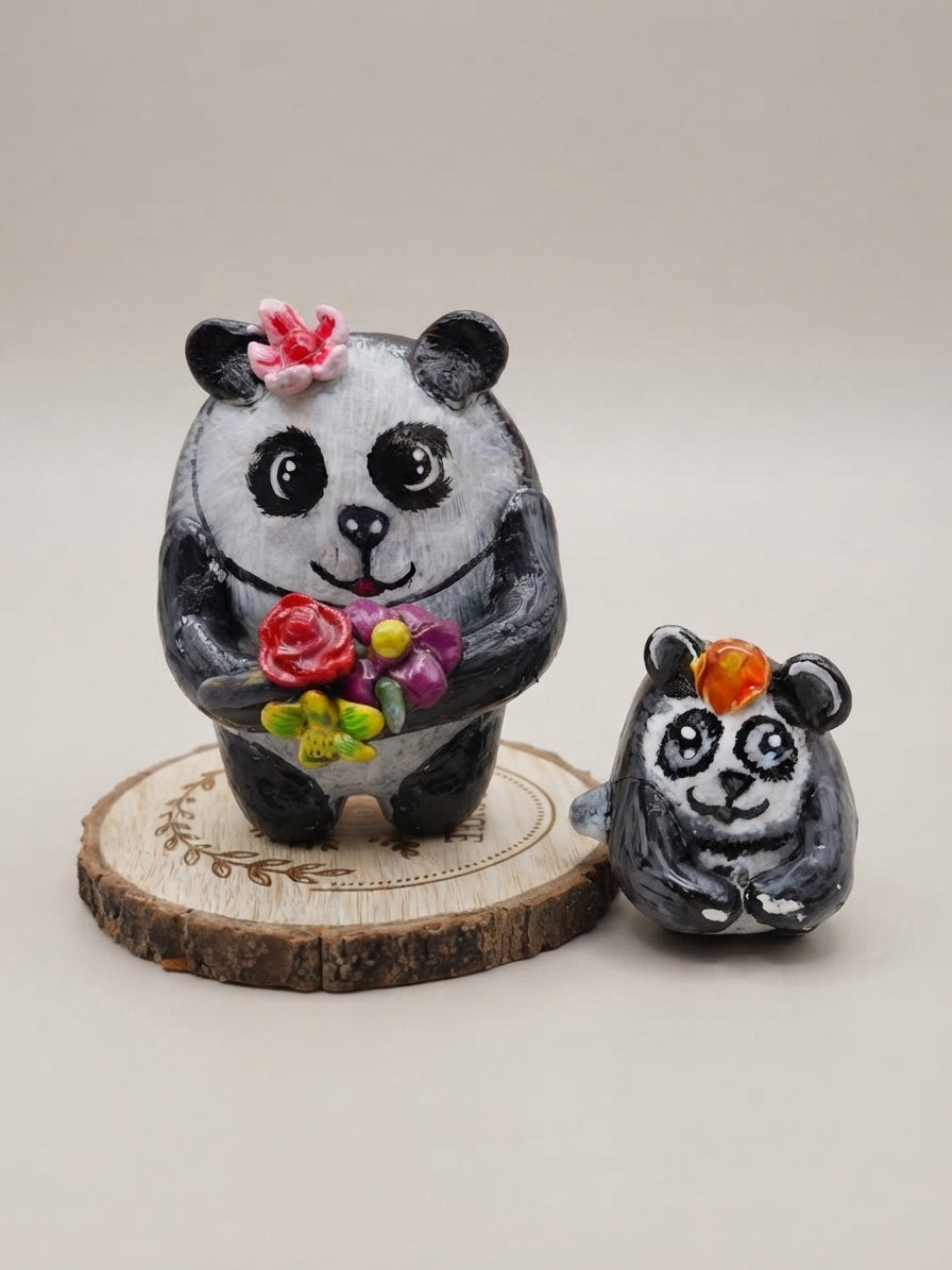 Panda and Cub Painted Stone Figurine - Crafted by Chitra