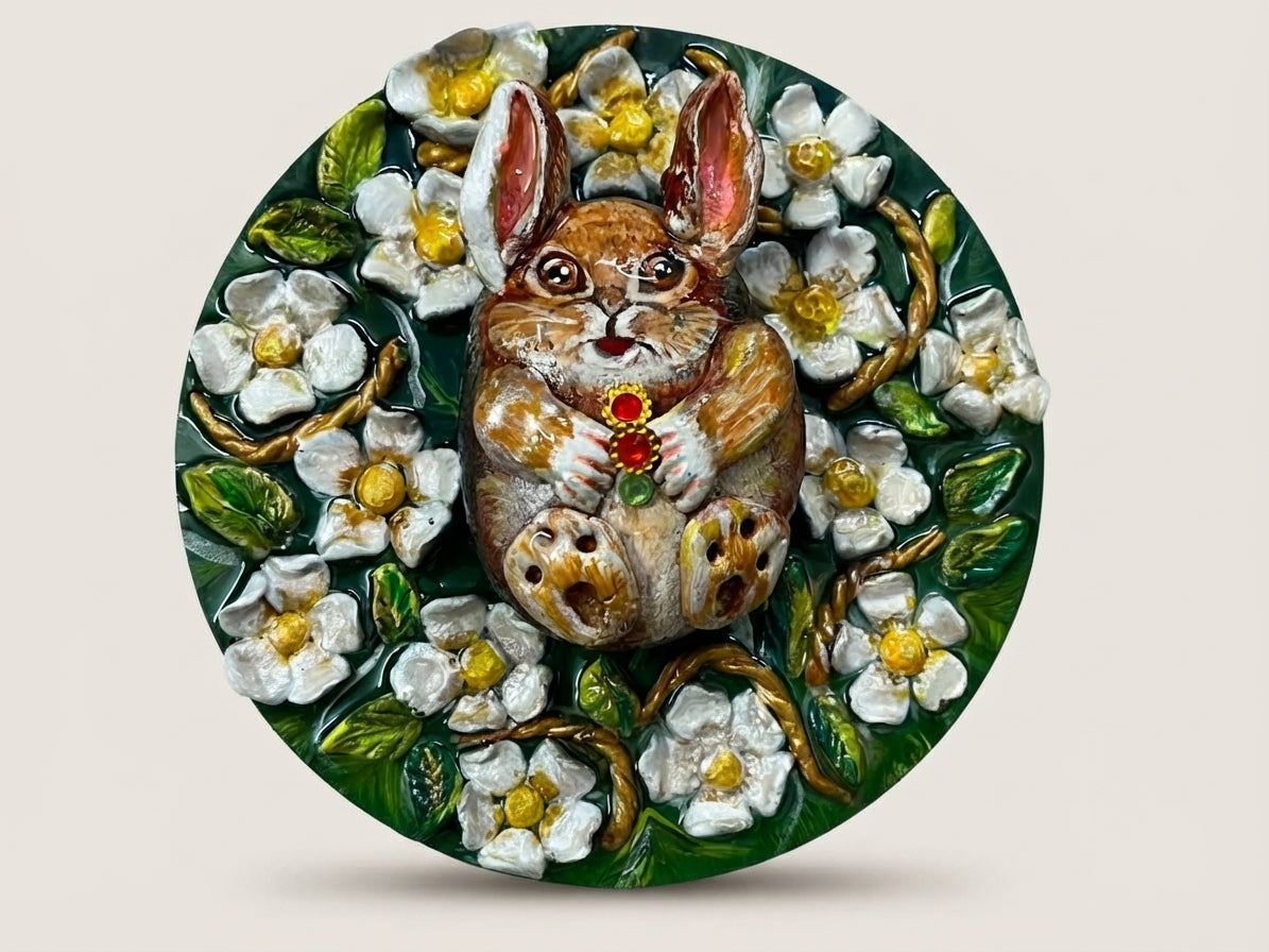 Rabbit and Blossom Relief Art Plate - Crafted by Chitra