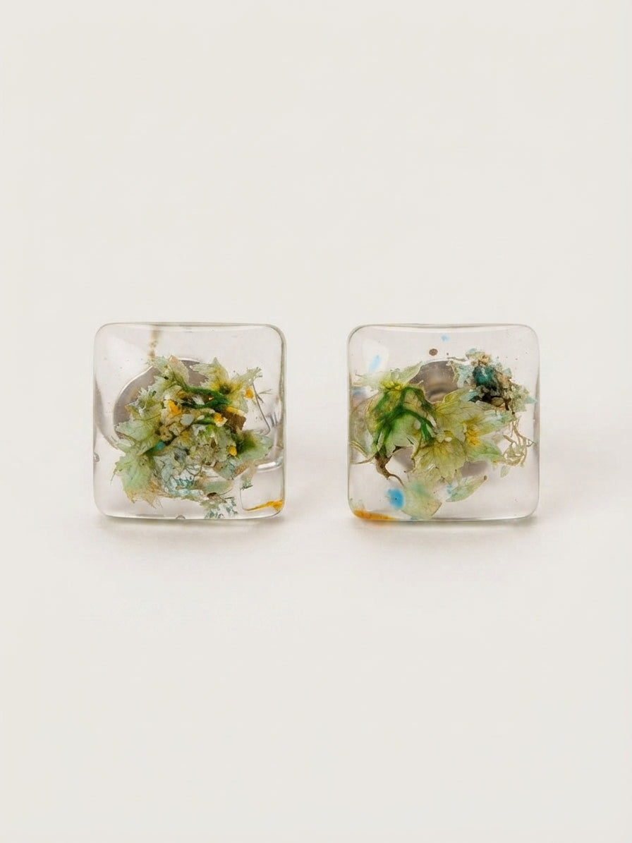 Botanical Square Resin Stud Earrings - Crafted by Chitra