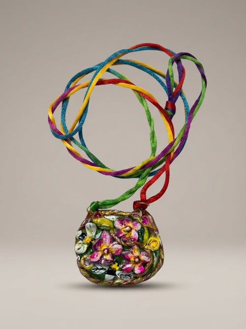 Floral Stone Stone Art Pendant on Braided Cord - Crafted by Chitra