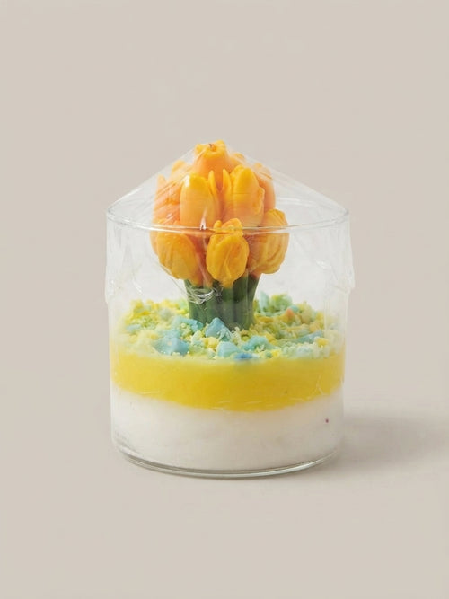 Crimson Rose Tulip Bouquet Glass Candle - Crafted by Chitra