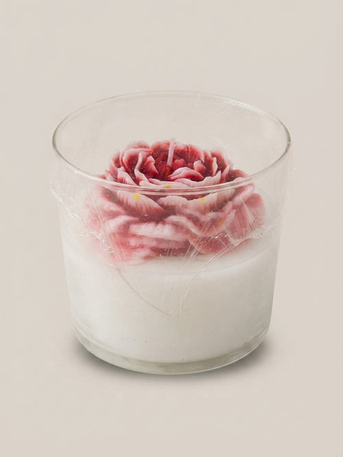 Ivory and Coral Peony Layered Glass Candle - Crafted by Chitra