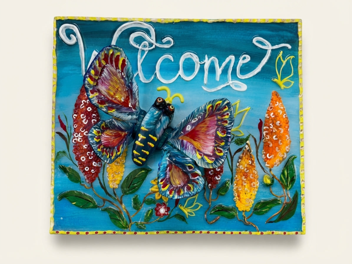 Welcome - Blue Welcome Butterfly Panel - Crafted by Chitra