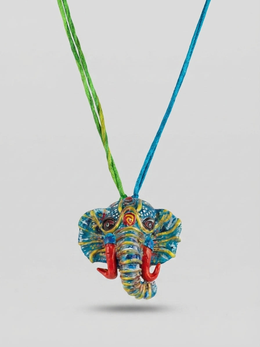 Elephant Face Stone Art Pendant on Braided Cord - Crafted by Chitra