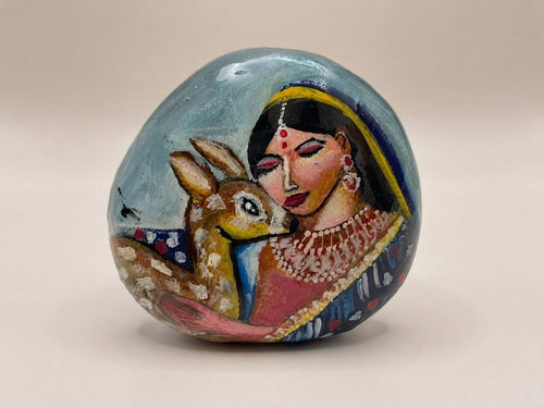 Woman and Deer Hand-Painted Portrait Stone - Crafted by Chitra