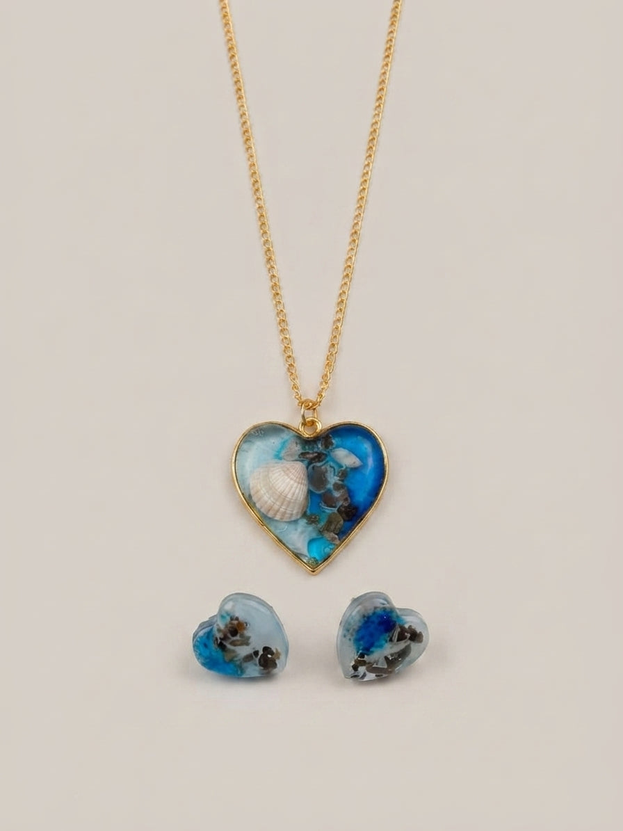 Ocean Blue and Gold Resin Pendant and Earring Set - Crafted by Chitra