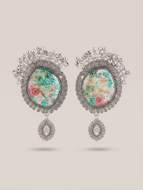 Seafoam and Oxidised Silver Resin Pendant and Earring Set - Crafted by Chitra