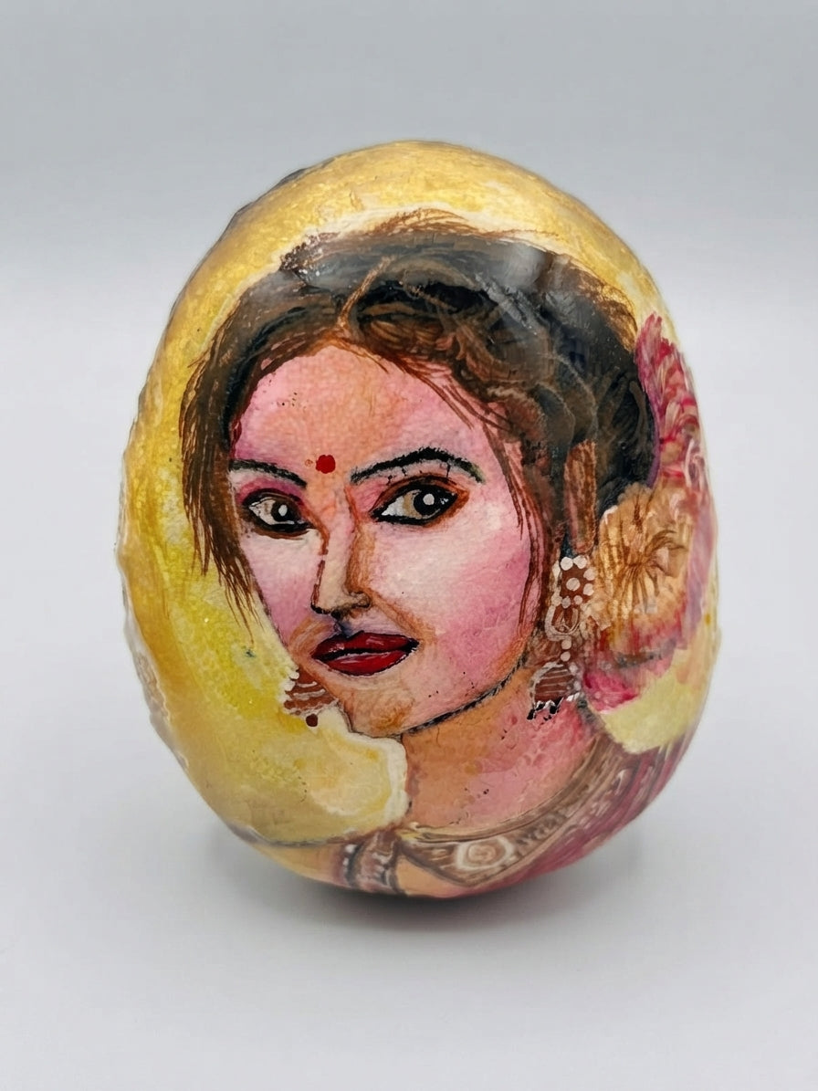 Woman in Saffron Hand-Painted Portrait Stone - Crafted by Chitra