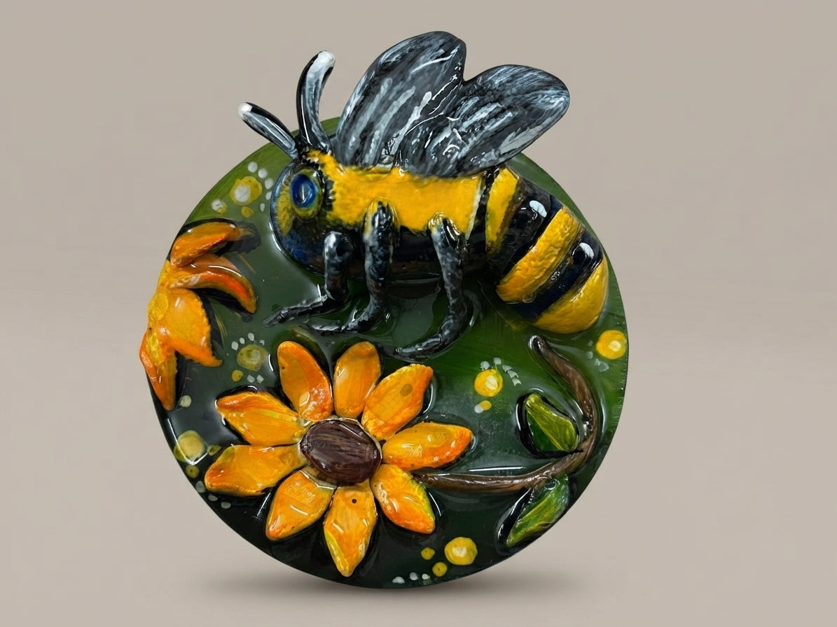 Sunflower and Bee Relief Art Plate - Crafted by Chitra