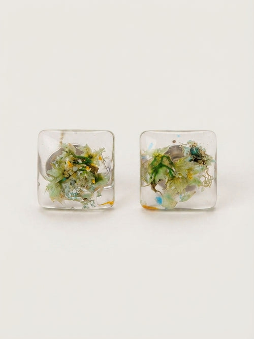 Botanical Square Resin Stud Earrings - Crafted by Chitra