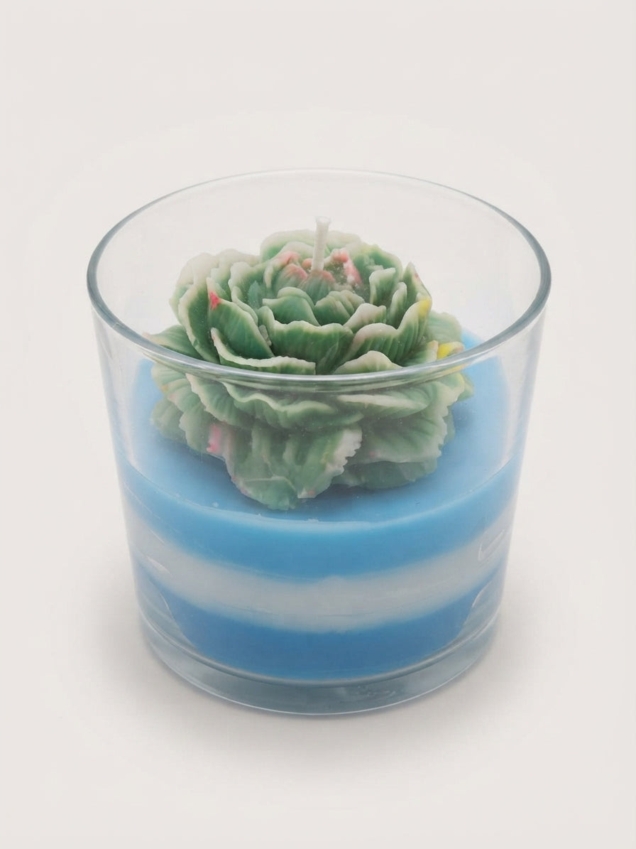 Indigo and Sea Green Peony Layered Glass Candle - Crafted by Chitra