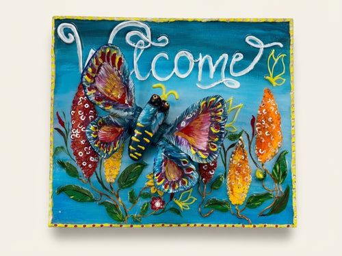 Welcome - Blue Welcome Butterfly Panel - Crafted by Chitra