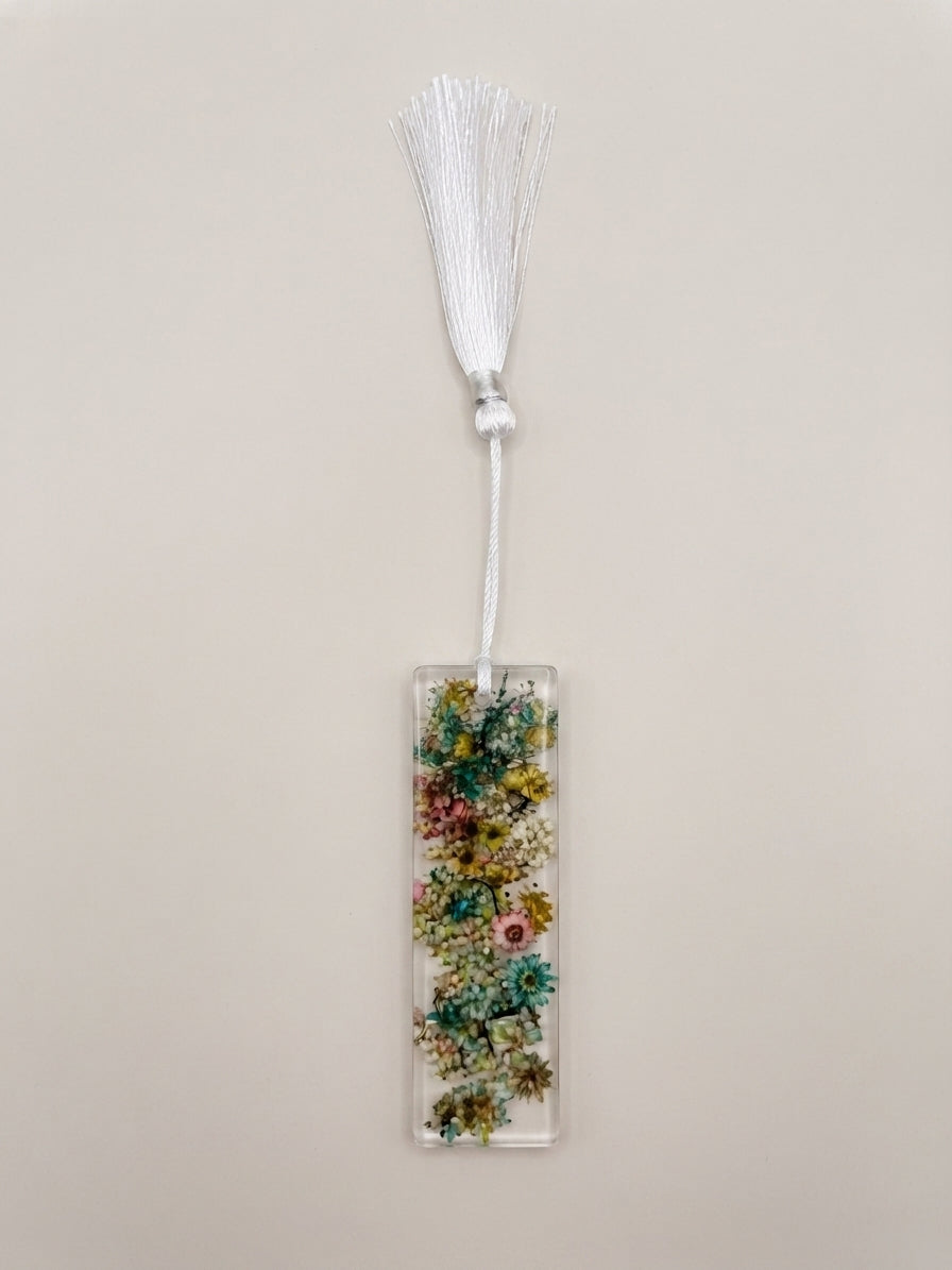 Botanical and White Tassel Resin Bookmark with Silk Tassel - Crafted by Chitra