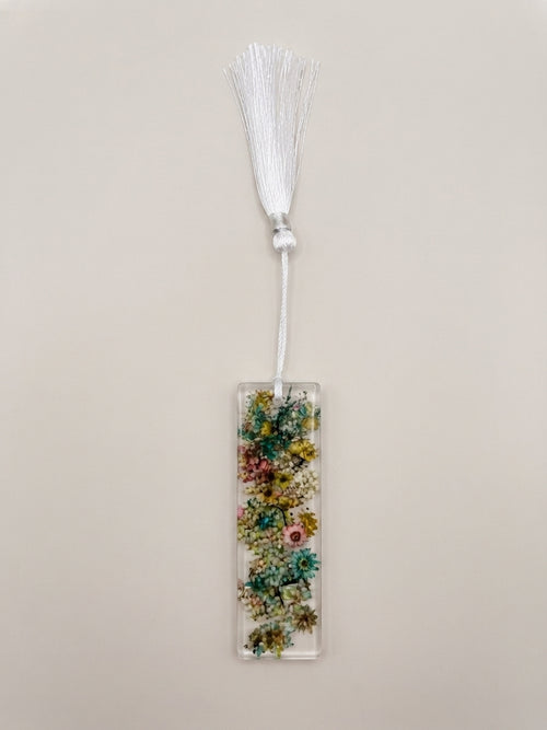 Botanical and White Tassel Resin Bookmark with Silk Tassel - Crafted by Chitra